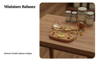 Realistic Design Miniature Balance Scale Metal Construction 1:12 Scale Weighing Model Wooden Base Toy Accessory Gold Finish for Collectors, Hobbyists, Kids, Miniature Scene, Office