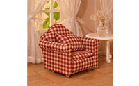 Padded Armrests 1:12 Dollhouse Sofa Wood and Textile Checkered Upholstered Sofa Cushioned Dollhouse Couch Rounded Back