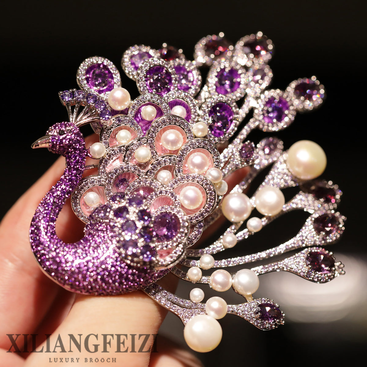 Luxury Freshwater Pearl Peacock Brooch with Amethyst and Zircon, Original Design