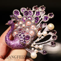 Luxury Freshwater Pearl Peacock Brooch with Amethyst and Zircon, Original Design