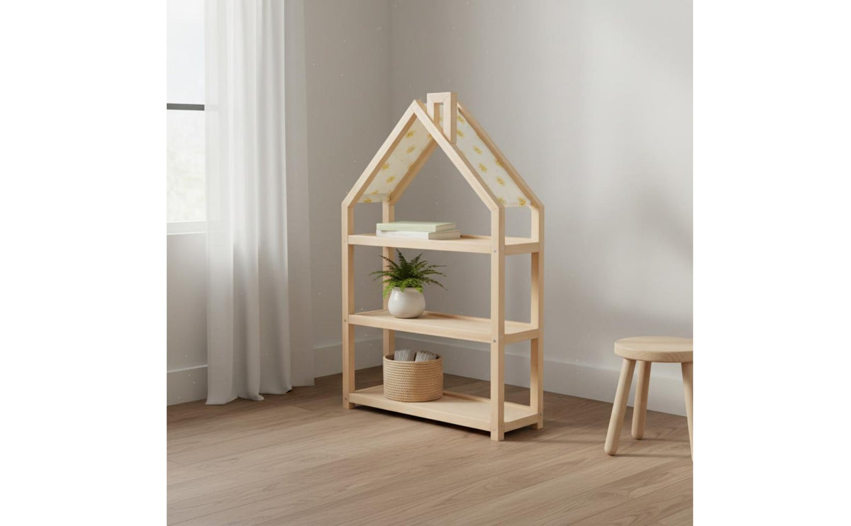 Playful Design House Shaped Bookshelf Solid Wood Wooden Kids Bookcase Floor Standing Nursery Storage Organizer for Toddlers, Playroom