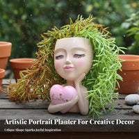 Resin Girl Holding Heart Vase Indoor Outdoor Use Girl Head Planter Creative Design Resin Head Planter for Gardeners, Women, Balcony, Desktop, Tabletop