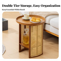 Japanese design dual-level Round Nightstand Rattan Weave Design 2-Tier circular table Rounded Edges Household Furniture Space-Saving for Apartment Dwellers, Homeowners, Adults, Living Room, Bedroom, Small Spaces, Hallway