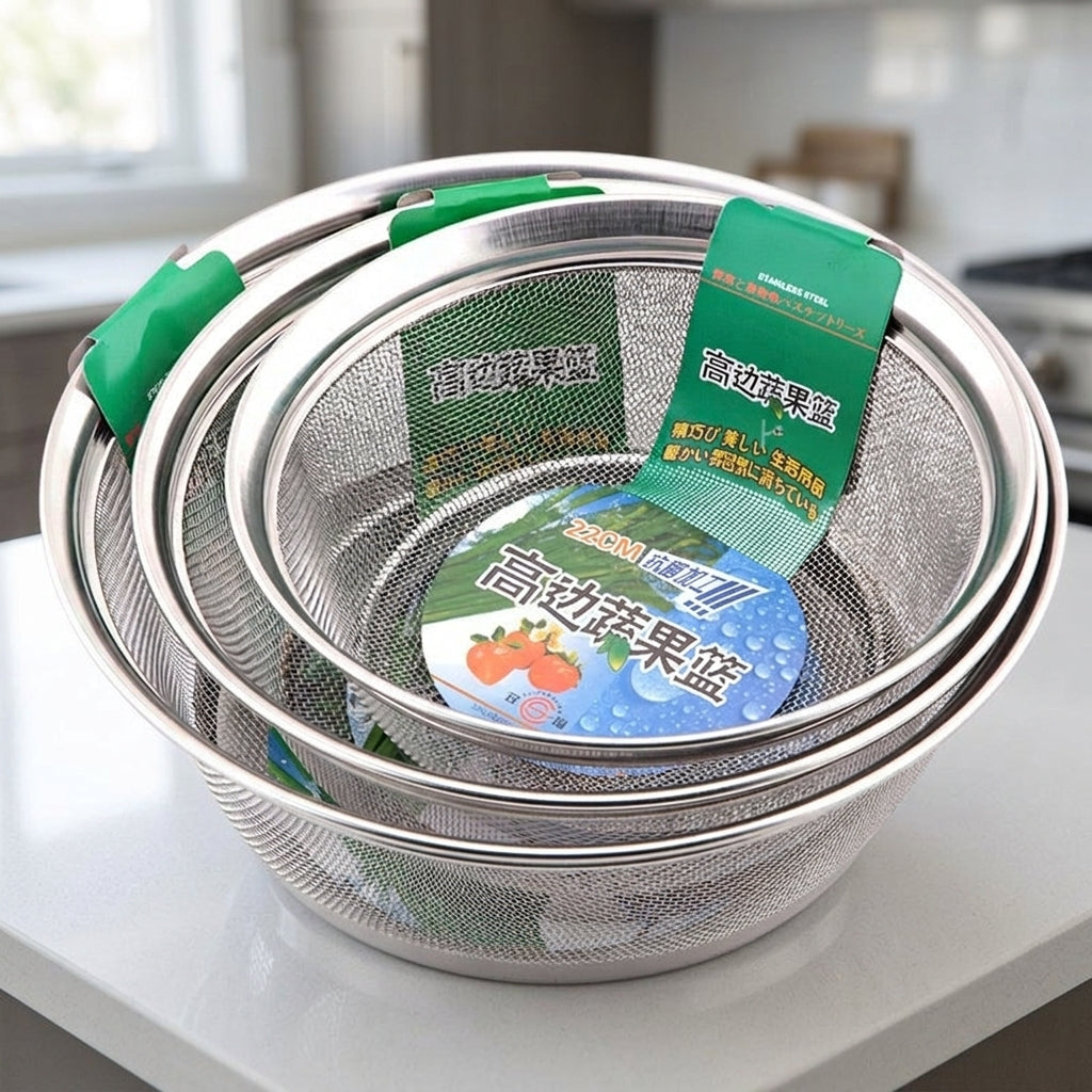 Rice Washing Basket and Strainer Set, Stainless Steel Kitchen Colander with Handles, Vegetable Washing Basket for Rinsing Food and Fine Grains