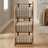 Wooden Rack with Wire Baskets Versatile Storage Rack with Baskets Sturdy Basket Stand, for Reading Corner