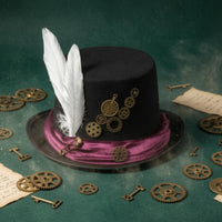 Brass Gear Accents Steampunk Top Hat Feather Plume Felt Top Hat Velvet Band Headwear Vintage-Inspired
