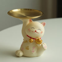 Auspicious Cat Figurine with Tray Resin Cat Figurine Tray Stylish for Entryway