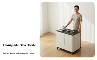 Mobile Tea Trolley with Water Heating System and Rolling Serving Cart Built-in Storage Cabinet Drainage Tray Suitable for Hosts Living Room Balcony