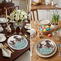 Round Easter Placemat Happy Easter Festive Design Linen Dining Placemat Easy To Care Hare Illustration Table Mat for Party Hosts, Families, Kitchen, Restaurants