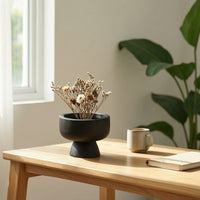 Tabletop Planter Wood-Grain Planter with Pedestal Base Black Pedestal Bowl for Refined Aesthetic Seekers