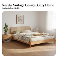 Rattan Headboard Bed Retro Design Solid Wood Foundation Bed Aesthetic Bedroom Furniture for Guesthouse Owners, Couples, Guest Room, Hotel, Home