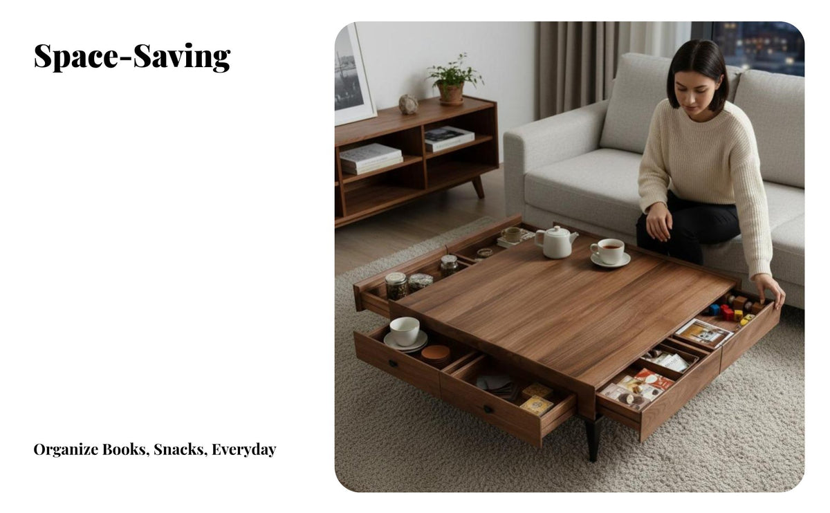 Nordic design Square Coffee Table with Drawers Modern Design Living Room Furniture Sturdy Construction Spacious surface for Homeowners, Families, Interior Designers, Lounge Area, recreation Space