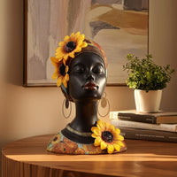 Female Bust Statue with Headwrap Matte Black Decoration Floral for Living Room