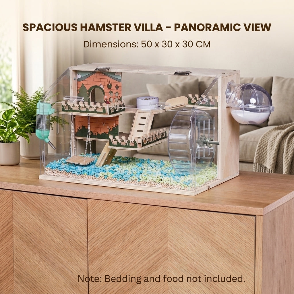 Large Hamster Cage with Wood and Acrylic, Transparent Multi-Level Syrian Habitat for Indoor Use, Luxury Rectangular Dwarf Acrylic Hamster Cage