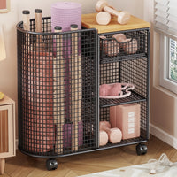 Mesh Storage Cart with Wood Top Compact Rolling Cart with Table Top Space-Saving Rolling Organizer Rack for Yogis, Small Apartment, Fitness Studio