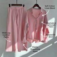 Airport Outfit 2 Piece Set for Women with High Waisted Trousers, Linen Blend Travel Lounge Wear, Plus Size Casual