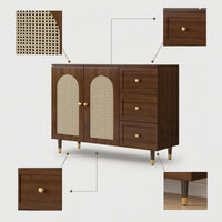 Storage Cabinet with Rattan Doors Wood-Grain Rattan Sideboard Wooden Floor Cabinet with Legs for Renters, Dining Room, Entryway, Kitchen