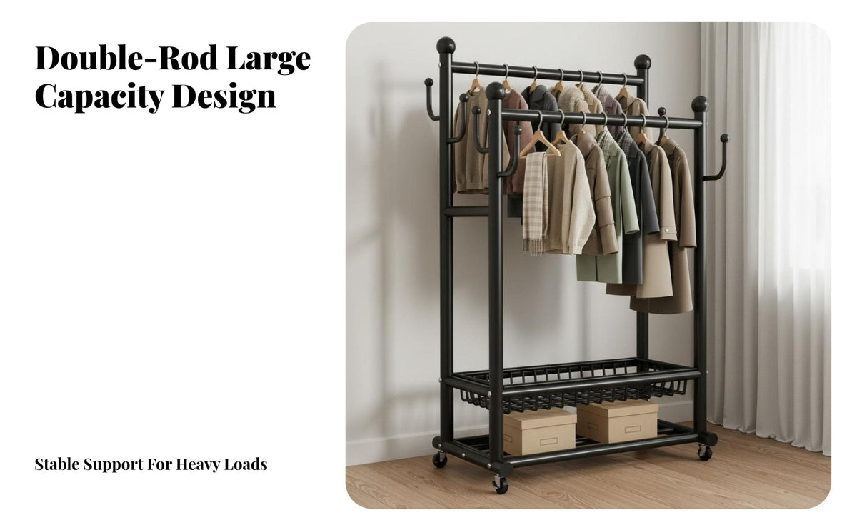 Stable Structure Double Rod Clothing Rack Double Rod Clothes Stand Heavy Duty Clothes Hanging Rack for Families, Retailers, Cloakroom, Laundry Room, Entryway, Walk-in Closet