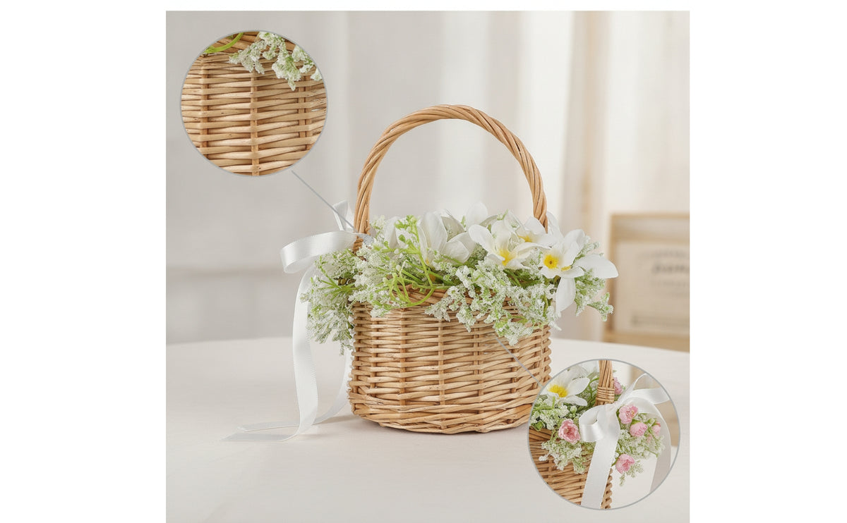 Wicker Flower Basket Decorative Basket with Artificial Flowers Compact for Wedding Ceremony, Party Decoration