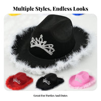 Tiara Cowgirl Hat Includes Chin Strap Rhinestone Cowboy Hat Breathable Material Fashion Headwear for Women, Brides, Concerts, Nightclubs, Photo Booths