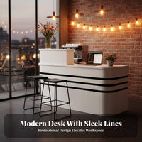 Varnish Ed Finish Modern Reception Desk Heavy-Duty Two-Tier Front Desk Painted Steel Frame Retail Checkout Counter Scratch-Resistant for Receptionists, Salon Team, Business Owners, Medical Office, Hotel Lobby