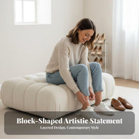Light Luxury Design Puffy Block Stool Boucle Texture Upholstered Bench Creamy White Ottoman Multi-Functional for Apartment Dwellers, Homeowners, Parents, Bedroom, Entryway, Cloakroom, Living Room