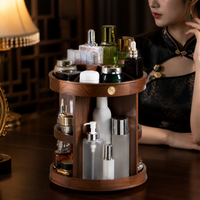 Walnut Makeup Storage, 2-Layer Rotating Perfume Stand, Dark Brown Bathroom Organiser for Vanity Table, Cosmetic Organizer with Compartments