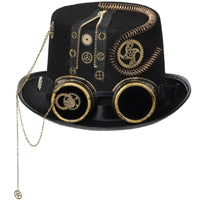 Coiled Tube Detail Steampunk Top Hat Chain Accent Lens Top Hat Zipper Trim Costume Headwear Black