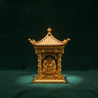 Tabletop Pagoda with Figure Gold-Toned Pavilion Ornament Compact Mini Pavilion for Collectors, Entryway