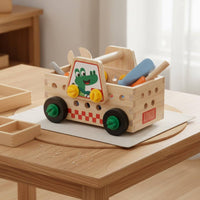 Wooden Truck Tool Set Fine Motor Skills Wooden Tool Truck Toy Built-in Storage Pretend Repair for Preschoolers, Young Children, Kindergarten