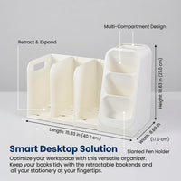 Desktop Organizer with Pen Holder, Expandable Book Stand for Office Desk, Adjustable Bookends with Storage Compartments, Cream White