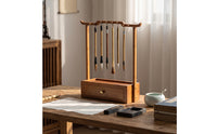 Bamboo Calligraphy Brush Rack 14-Hook Calligraphy Brush Holder with Tray Freestanding Hanging for Calligraphers
