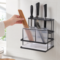 Kitchen Utensil Organizer, Wall Mounted Utensil Holder with Drain, Integrated Knife Block & Cutlery Holder, No-Drill Kitchen Storage Rack