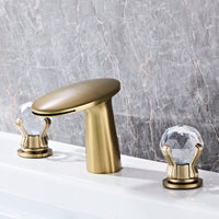 Lavatory Faucet with Waterfall Spout Deck-Mounted Lavatory Faucet with Crystal Handles All-Copper