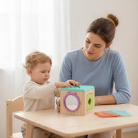 Cognitive Training Mirror Busy Cube Montessori Wooden Tissue Box Toy Screen-Unrestricted Shape Matching Cube for Babies, Playroom