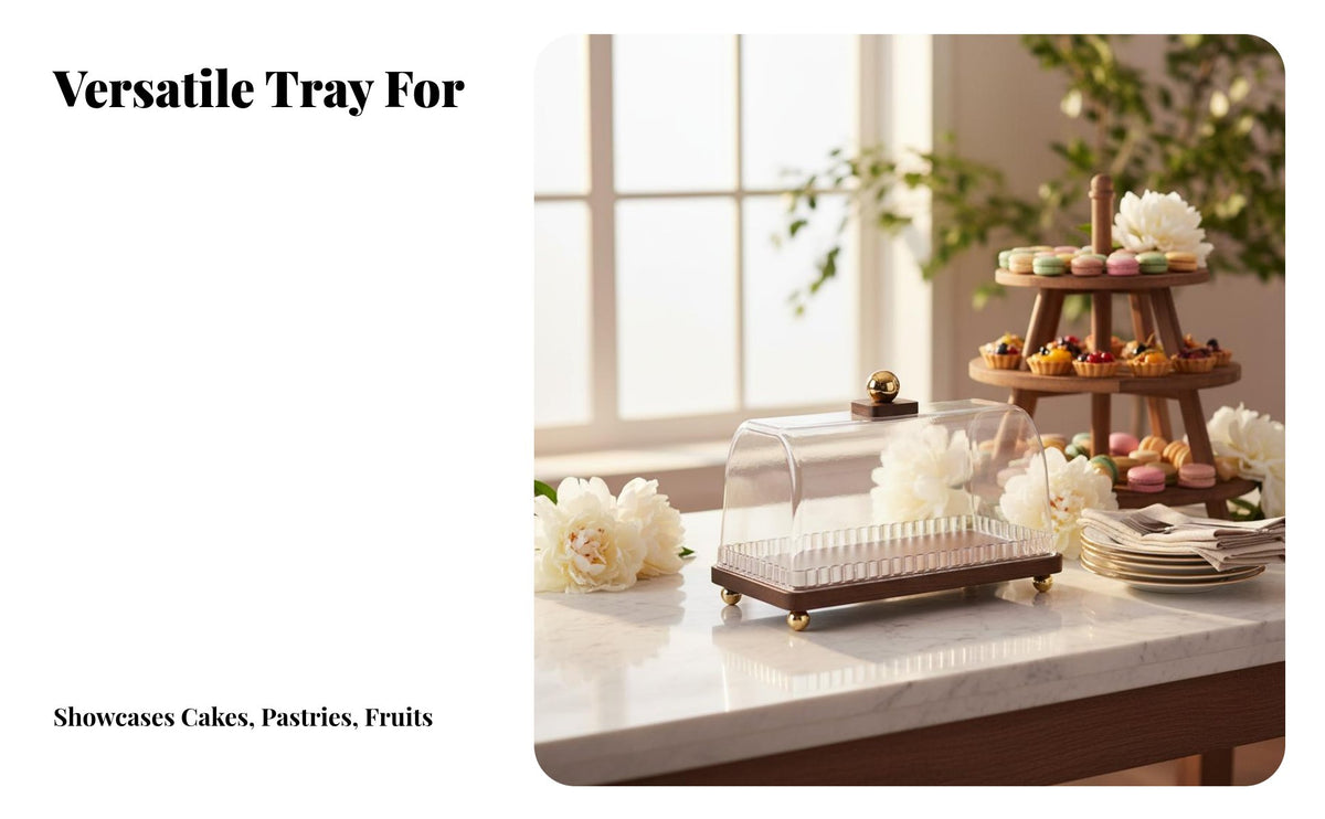 Cake Plate with Cover Wood Base Pastry Display Tray with Cover Rustic Design for Dessert Makers, Party Hosts, Weddings, Afternoon Tea, Parties