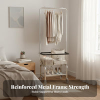 Multi-Functional Mobile Garment Rack with Storage Baskets Multifunctional Rolling Garment Rack with Basket Space-Saving Design Freestanding Closet Organizer 360° Swivel Wheels for Apartment Dwellers, Homeowners, Clothing Shop, Bedroom, Dorm Room, Balcony