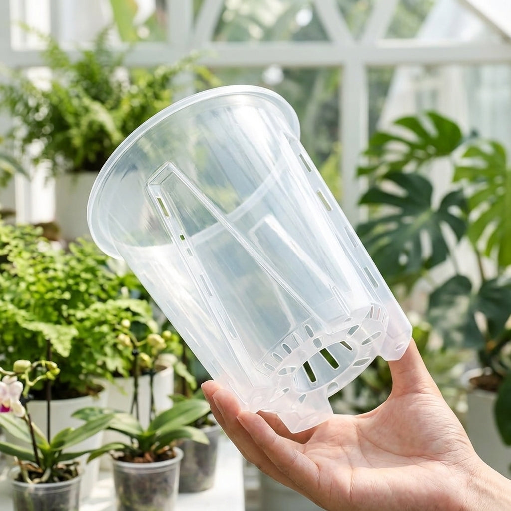 Clear Plant Pots with Drainage and Slotted Resin Walls, Repotting Pots for High Base Visibility, Portable Flower Pots for Home Gardening Indoor