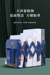 国潮风可伸缩书立架桌面书本收纳书夹固定书本书书桌书架带笔筒隔书挡板折叠书架书籍收纳神器书立架办公室 国风/带笔筒-白色白虎
