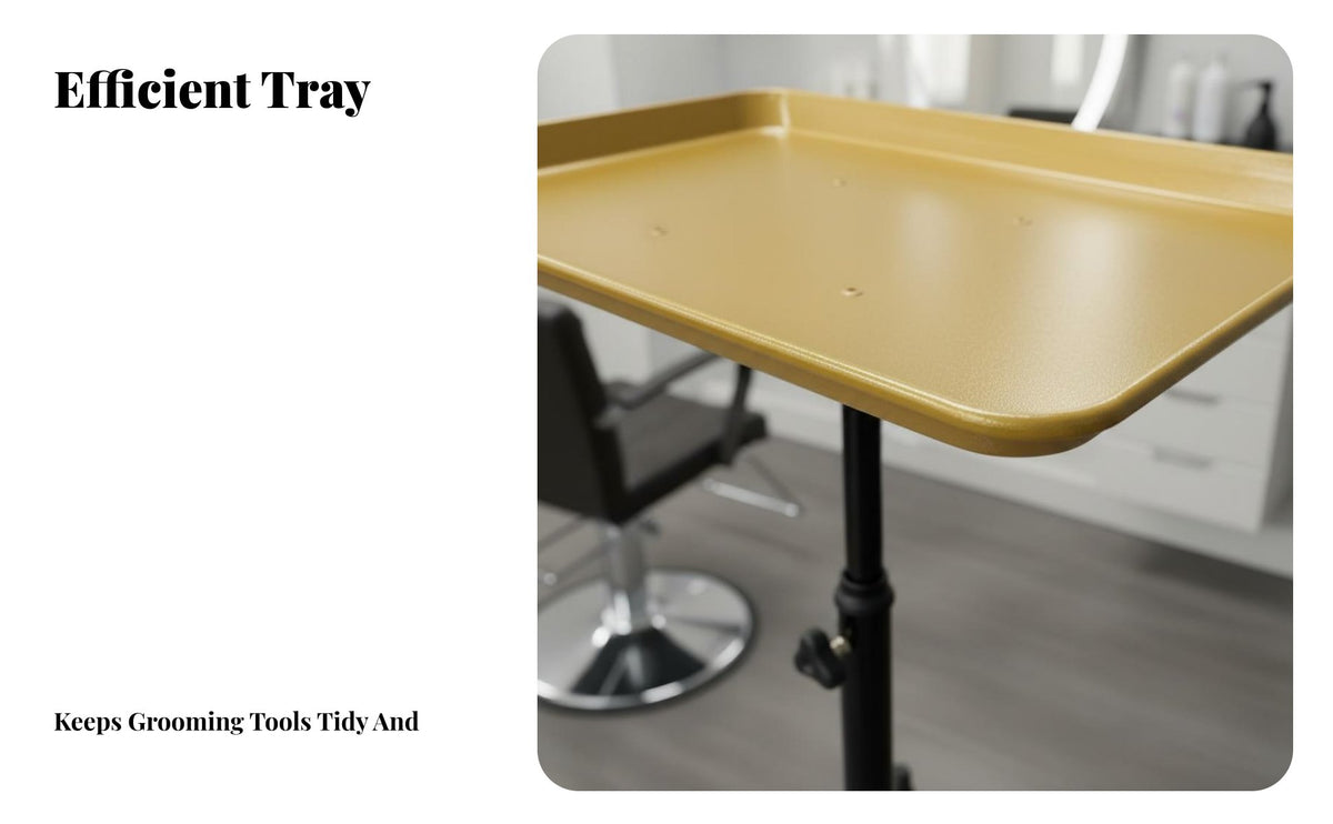 Modern Gold Finish Rolling Service Tray Easy to Clean Adjustable Height Rolling Tray Stable Base Salon Trolley Sturdy Construction for Hair Stylists, Hairstylists, Aestheticians, Barber Shop, Barbershop, Beauty Medical Center, Spa