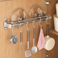 Kitchen Wall Rack, Silver Alloy Double Rod Utensil Rail with Movable Hooks, Wall Mounted Utensil Holder for Pots & Lids