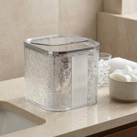 Translucent Plastic Desktop Trash Bin Hinged Lid Desktop Trash Can Wavy Texture Small Waste Bin Metallic Rim for Bathroom