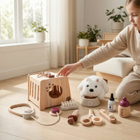 Wooden Veterinarian Toy Set Physician Kit with Soft Toy Pet Compact Veterinarian Playset with Soft Stuffed Dog for Playroom, Preschool