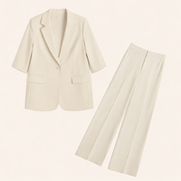 Women Trouser Suit Two Piece Set with Wide Leg Trousers for Office Wear, Long Sleeve Polyester Business Casual Outfit, Plus Size Available
