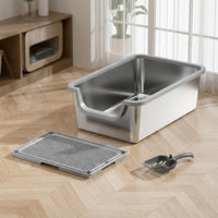 Cat Toilet Stainless Steel Litter Tray, Semi-Enclosed XL Size Litter Pan, Easy Clean Non Sticky Metal Box for Large Cats and Big Breeds