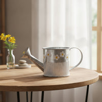 Watering Can with Floral Motif Galvanized Watering Can with Distressed Finish Metal Flower Pot Ribbed Planter Compact