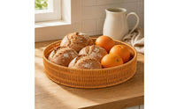Exposed-topTop Round Rattan Tray Shallow Rattan Basket Low Rim Round Tray Basket Brown Finish