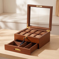 Watch Display Case with Glass Lid Velvet-Lined Watch Display Box Soft Lining for Men, Desk