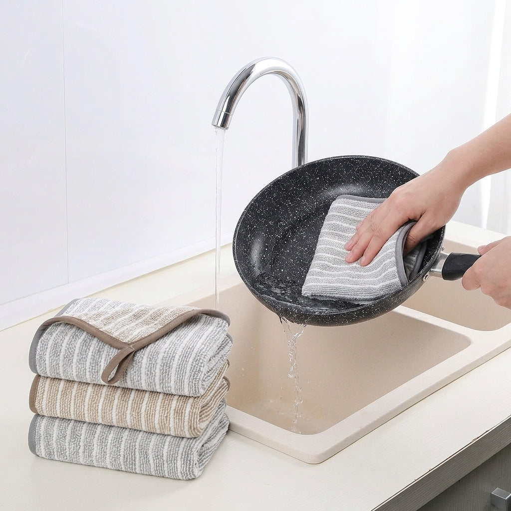 Quick-Drying Dishcloth Cleaning Cloths, Striped 25cm x 25cm Dish Cloths, High Absorbency Polyester Multipurpose Stitched Border Rag