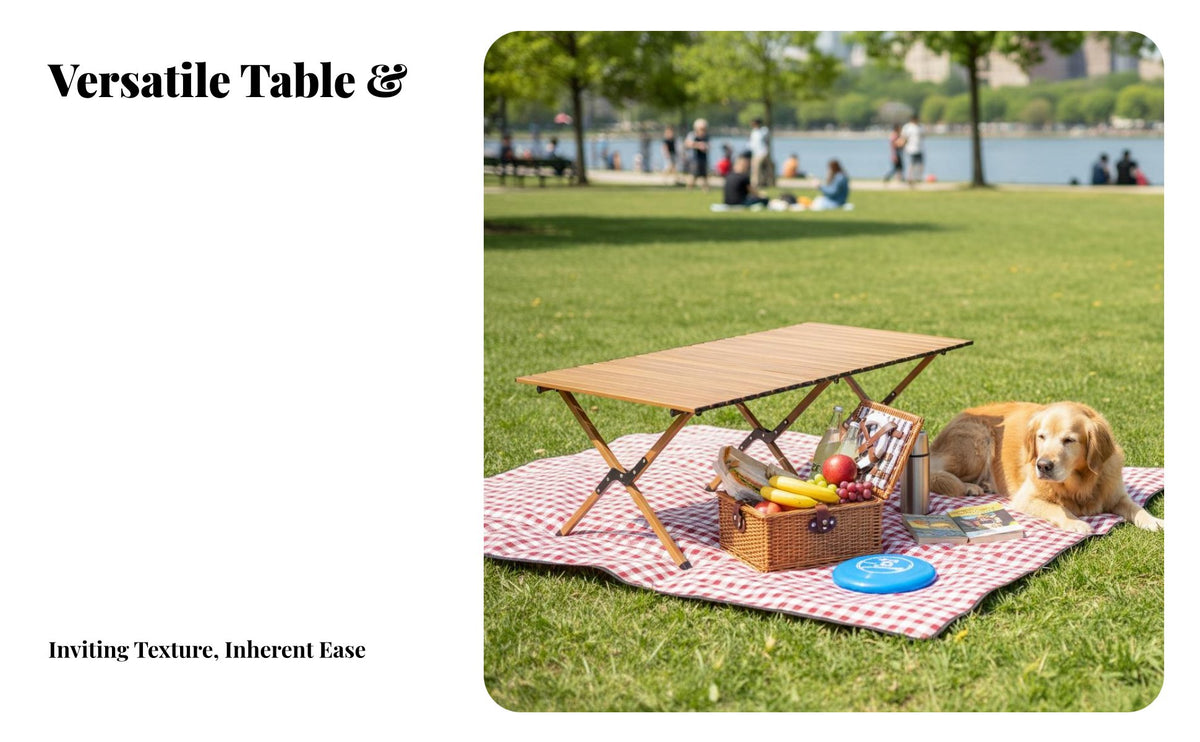 Foldable Folding Camping Table and Chair Set Easy Assembly Roll-up Table with Moon Chairs Sturdy Heavy Duty Folding Furniture Set Weather-Resistant for Picnickers, Event Planners, Picnics, Backyard, Beach, Parties